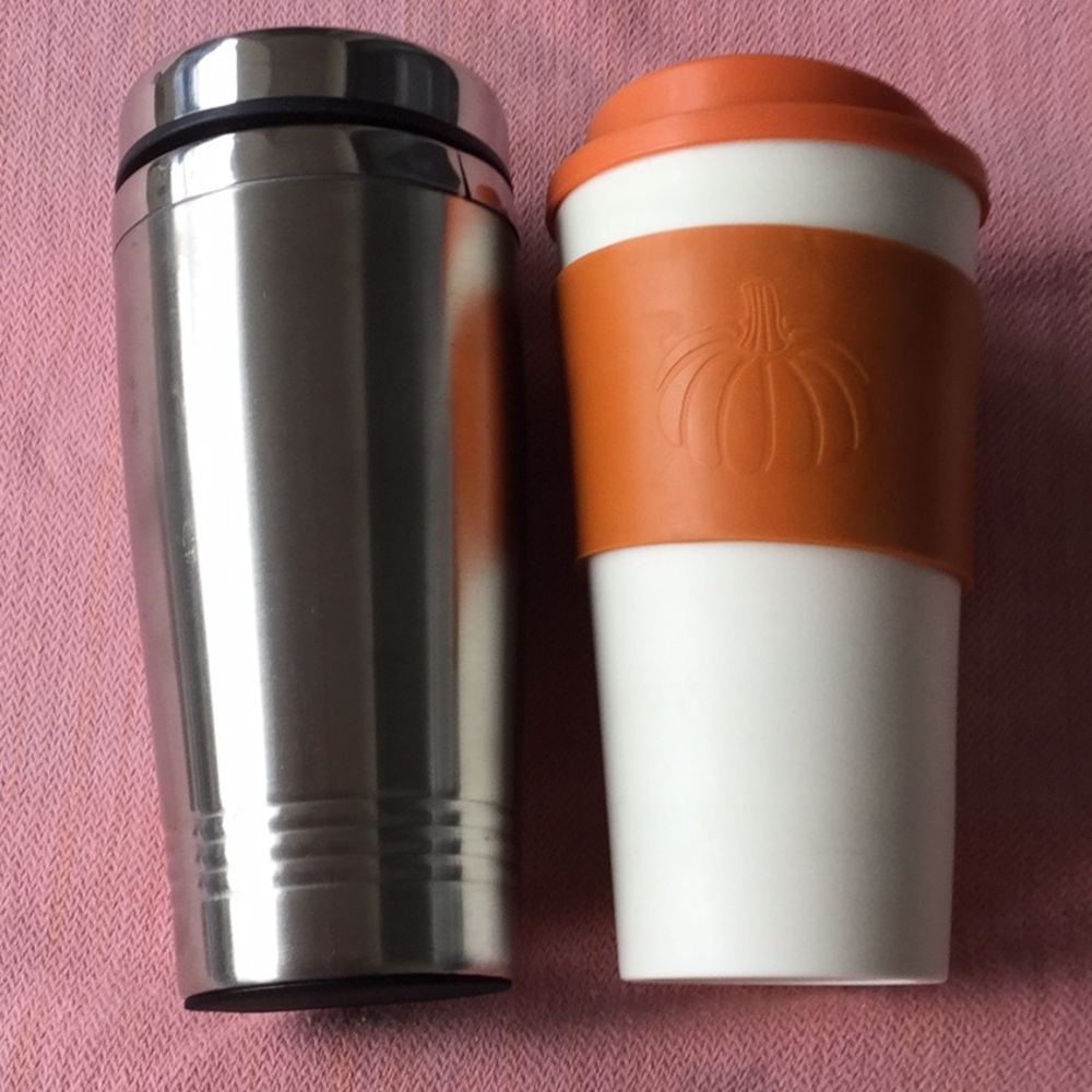Two fall travel cups.Stainless steel/plastic.